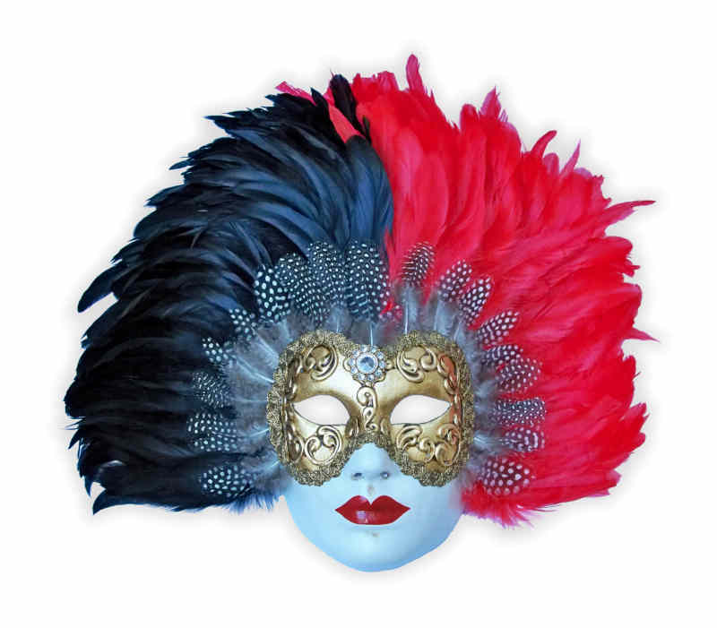 Venetian Volto Mask Gold Stucco with Feathers Black Red