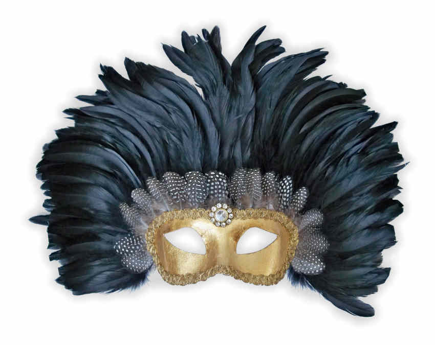 Venetian Colombina Mask Gold with Black Feathers - Click Image to Close