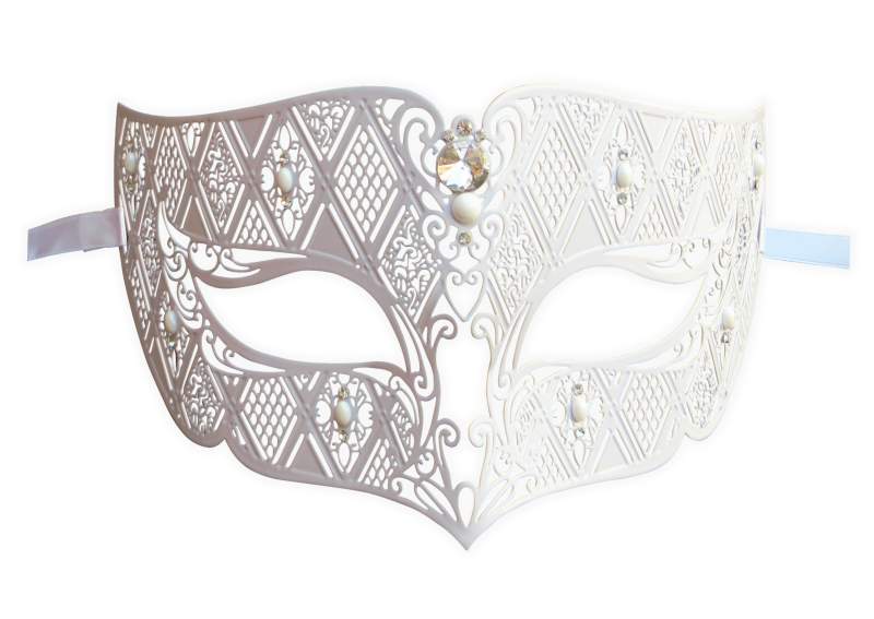 Venetian Mask for Man White Filigree Metal - Click Image to Close