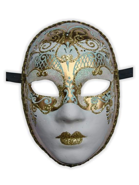 Venetian Face Mask White Gold Handpainted - Click Image to Close