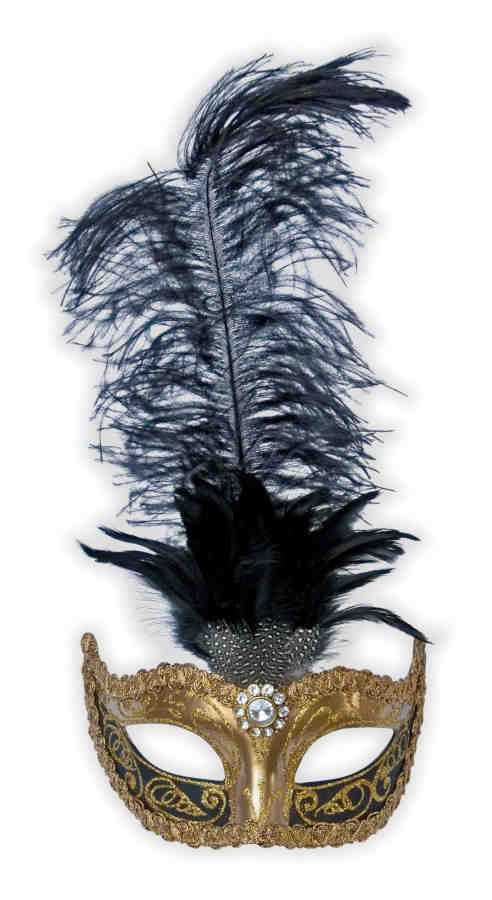 Venetian Feather Mask Glitter Gold Black - Click Image to Close