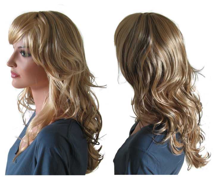 Blonde Perücke mit brünetten Haarsträhnen - zum Schließen ins Bild klicken