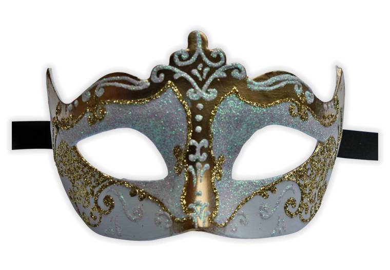 Venetian Eye Mask Glitter White Gold - Click Image to Close