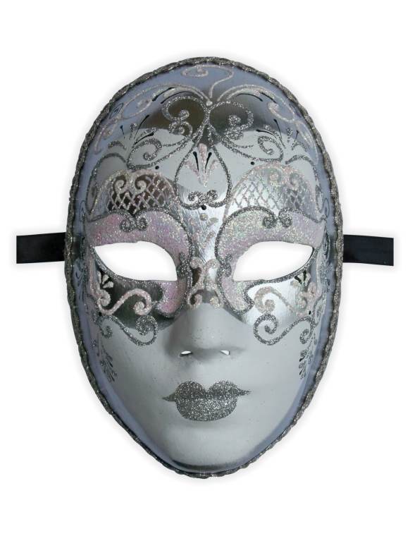 Venetian Face Mask White Silver Handpainted - Click Image to Close