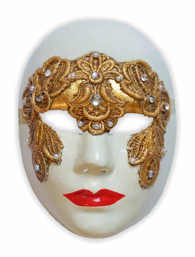 Mascara Veneciana Rostro Mujer Blanco Oro Macrame - Haga un click en la imagen para cerrar